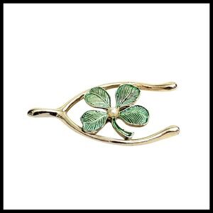 Gerry's Wishbone Brooch Shamrock Clover Pearl Good Luck Charm Pin